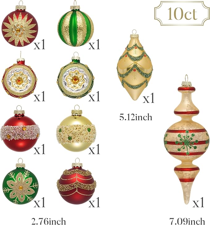 Valery Madelyn Glass Christmas Ornaments Set, 10ct Medium Red Green Gold Mercury Blown Glass Christmas Tree Ball Decorations, Luxury Hanging Teardrop Finial Faceted Reflector Decor