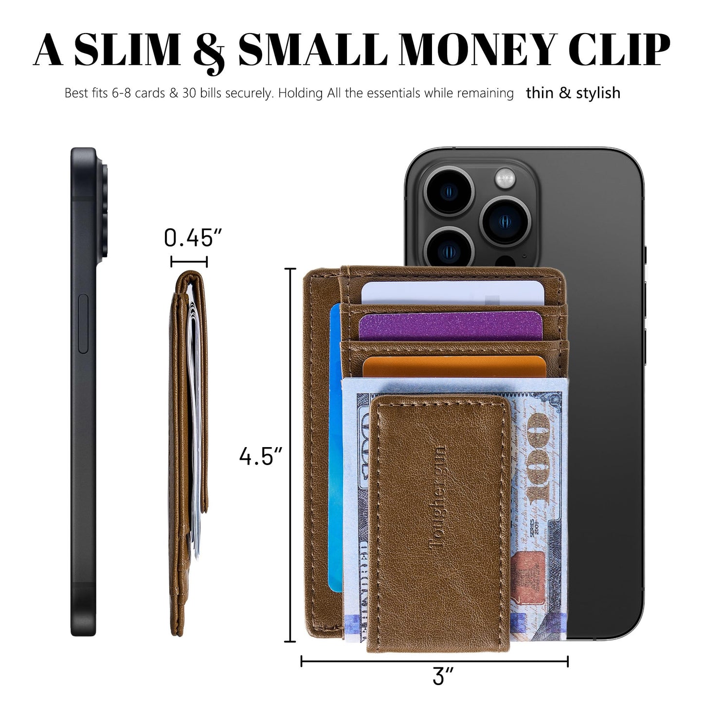 Toughergun Slim Wallet for Men RFID Blocking Money Clip, Minimalist Front Pocket Credit Card Holder, Magnetic Thin Mens Wallets with ID Window（Wax Brown）