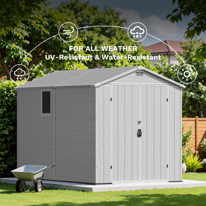 Devoko 6x10 FT Plastic Storage Shed with Floor, Large Resin Outdoor Sheds with Lockable Door and Windows, Waterproof Outside Tool Garden Shed for Patio, Lawn, Backyard, Light Gray
