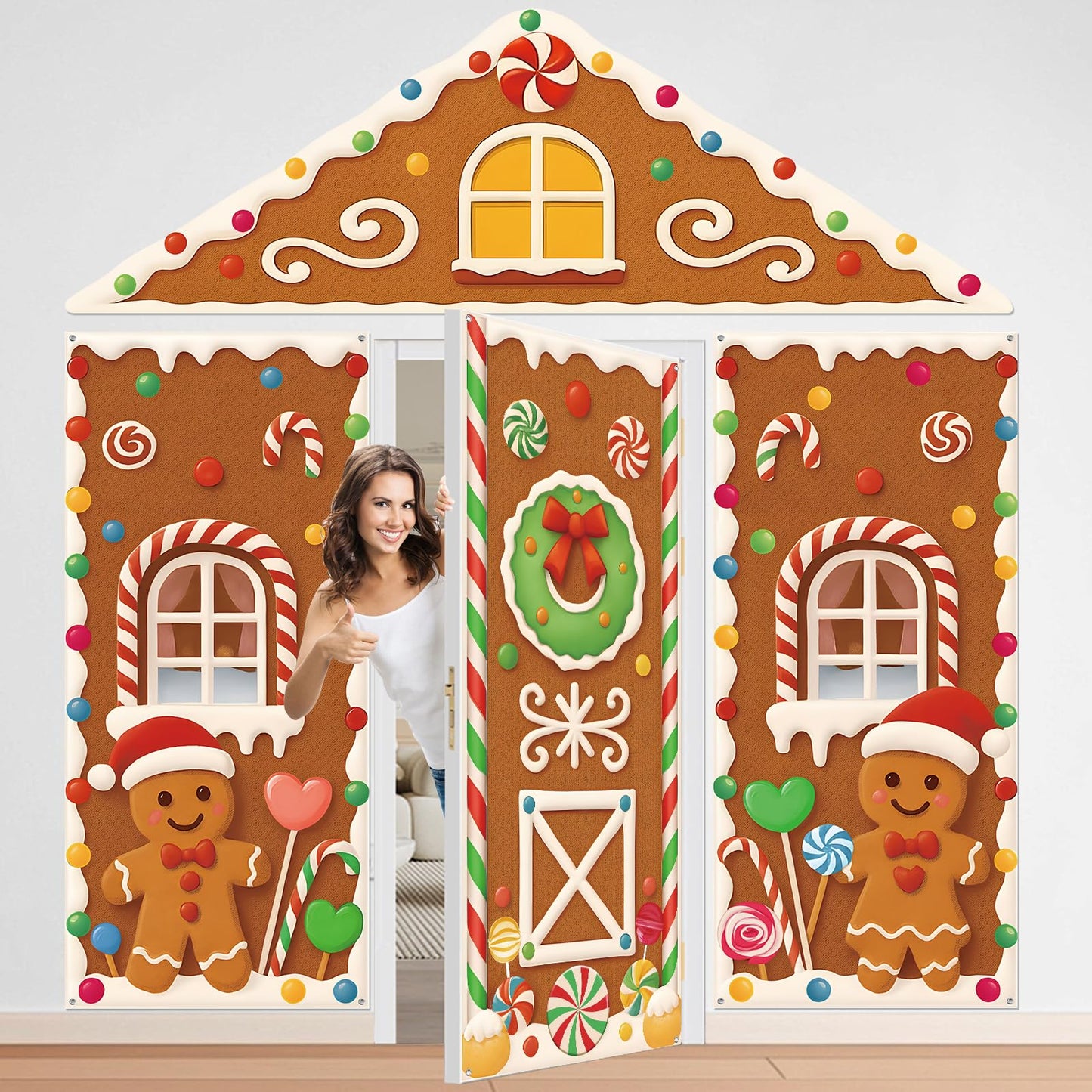4Pcs Christmas Gingerbread House Door Cover Decorations, Gingerbread Door Cover Christmas House Backdrop for Xmas Photography Background Holiday Party Décor