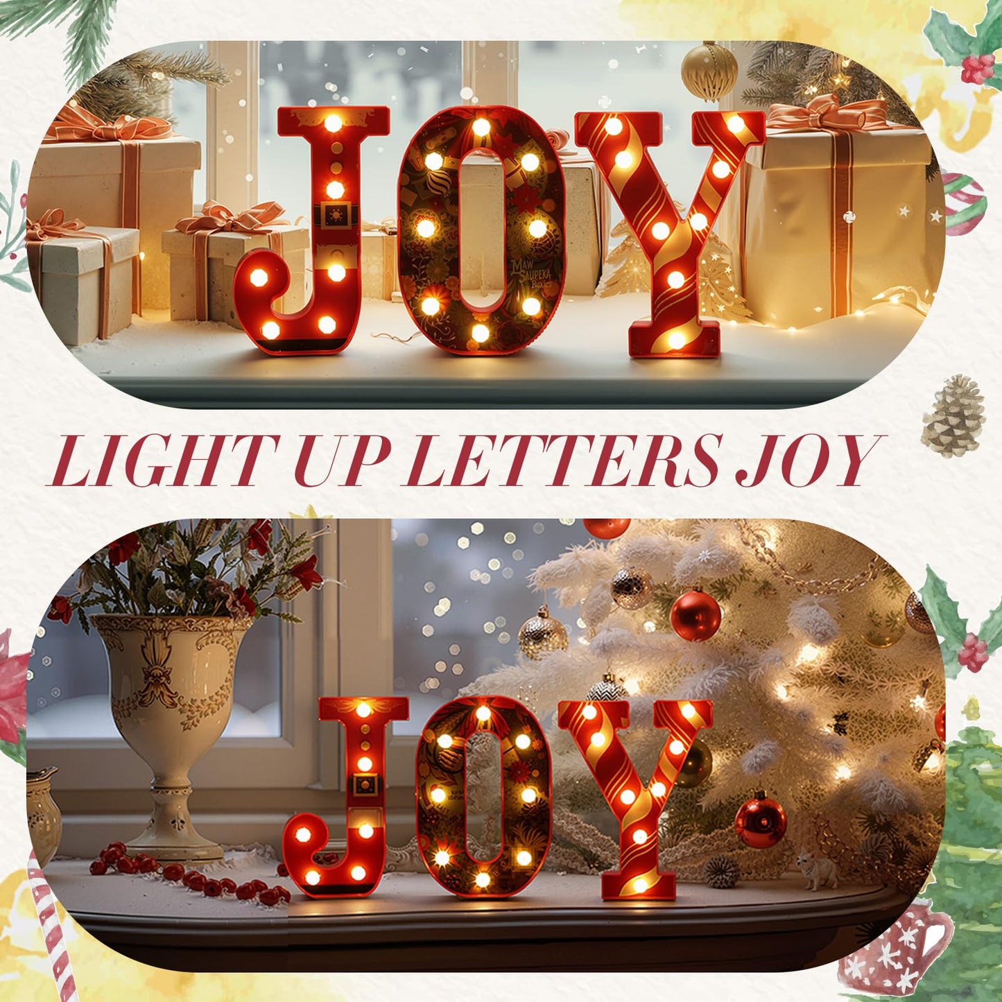 Honoson 3 Pcs LED Marquee Light Up Letters Joy Christmas Alphabet Letter Signs JOY LED Letter Lights For Mantle Home Bar Bedroom Tabletop Fireplace Wall Xmas Wedding Party Decor