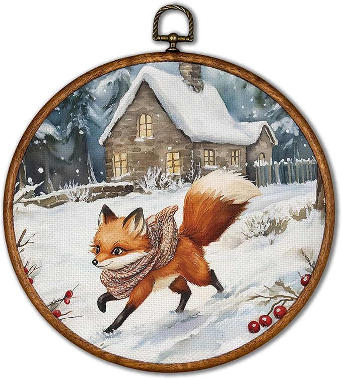 KSDUT Vintage Winter Wall Decor Art - Snowy Fox Wall Art Canvas Frame Hanging Prints, Retro Xmas Forest Woodland Wild Animal Round Wall Art Decor for Home Farmhouse Decorations 10"x10"