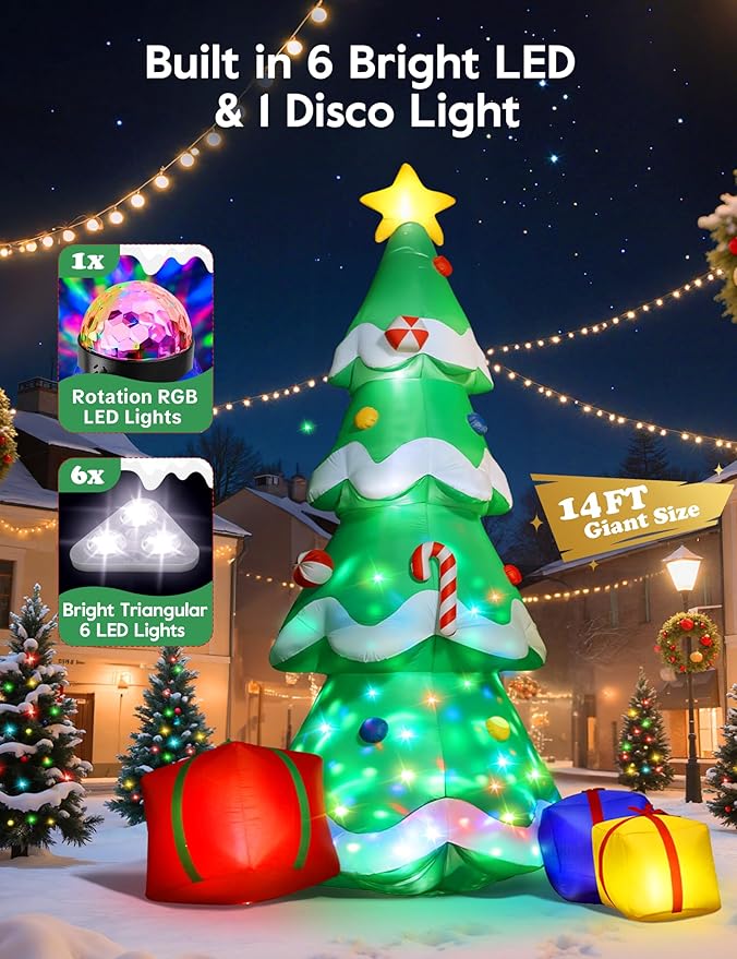 Dawdix 14FT Christmas Tree Inflatable Outdoor Decoration, Giant Christmas Inflatables Tree with 3 Gift Boxes, Lighted Christmas Decoration for Yard, Blow Up Xmas New Year Lawn Decor