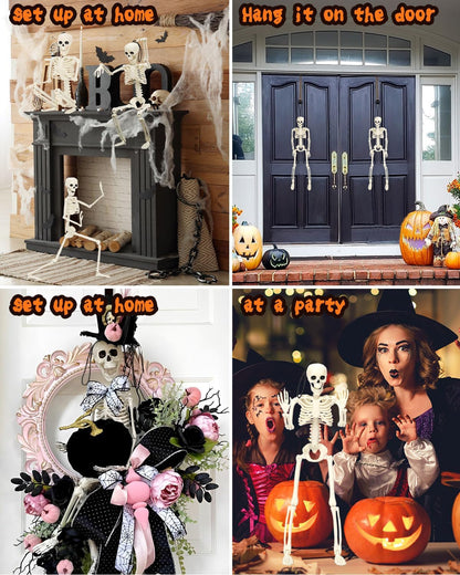 5 Pack Posable Skeleton Halloween Decorations, 16in Halloween Skeleton Decor- Full Body Movable Joints with 22 Spiders & Cobweb, Outdoor/Indoor Scary Party Graveyard Props Hanging Skeletons