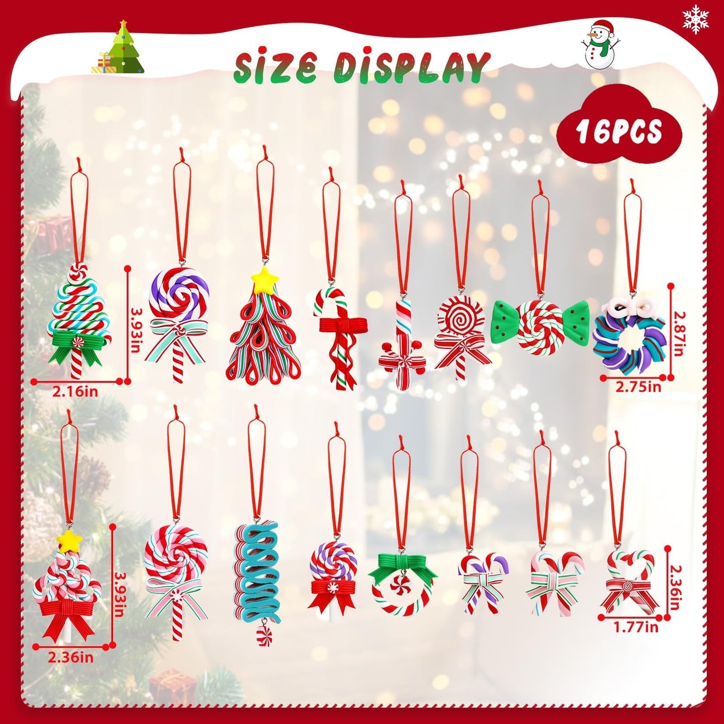 AUGSUN 16Pcs Christmas Lollipop Ornaments, Christmas Mini Candy Cane Hanging Ornaments Polymer Clay Peppermint Pendants for Xmas Tree Party Home Decorations(Red and Blue)