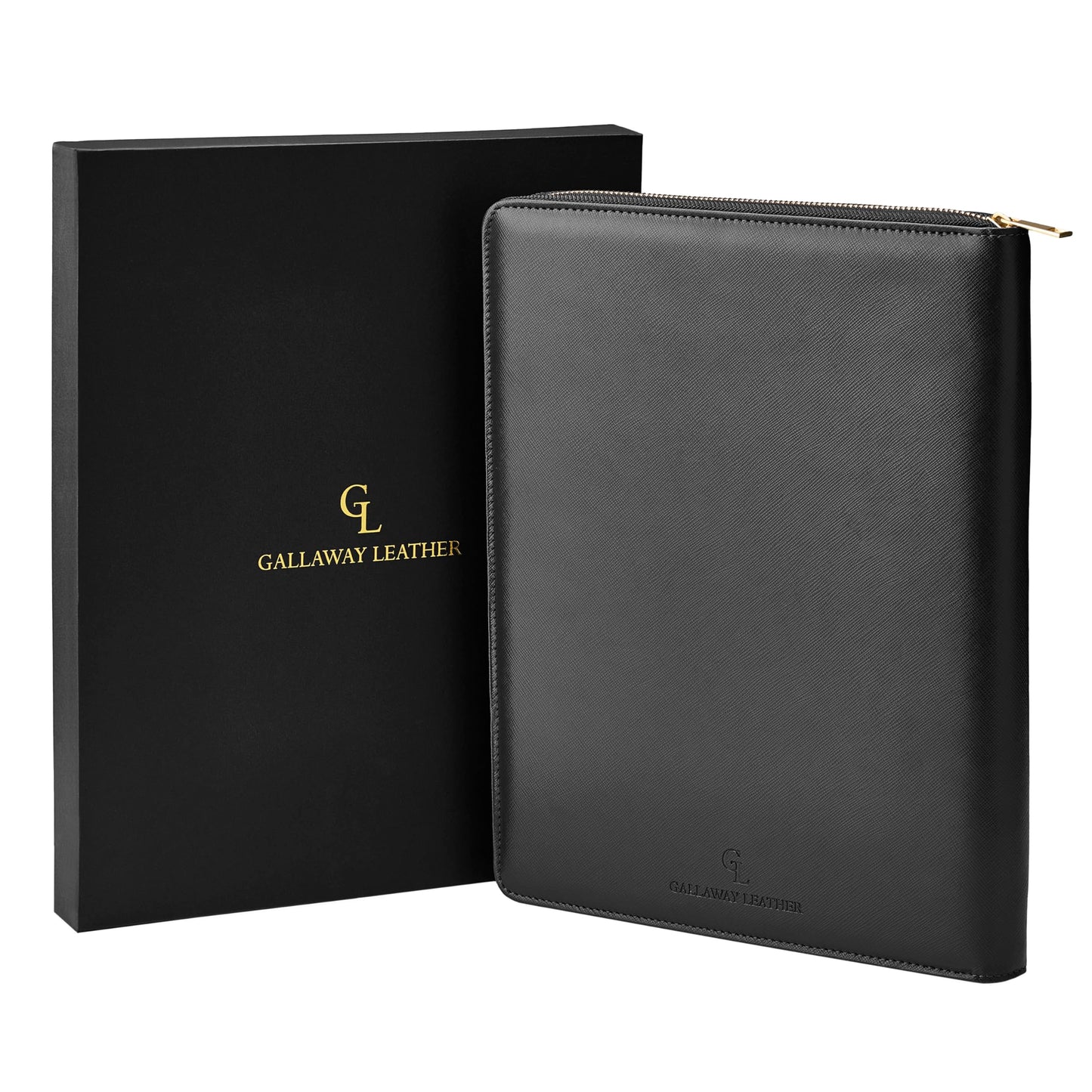 Gallaway Leather Genuine Leather Zippered Portfolio Organizer, Executive Business Binder Padfolio for Men and Women, Holder for Notebook Planner,Resume,Documents,Cards and iPad (Black)