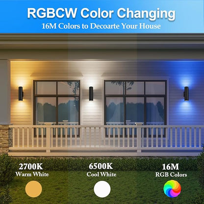 wowlite RGB Up and Down Lights Outdoor Wall Sconce 4 Pack, Smart Color Changing Porch Lights Outdoor Wall Sconce Light WiFi Voice & App Control, Tunable White Exterior Lights for House Porch Garage