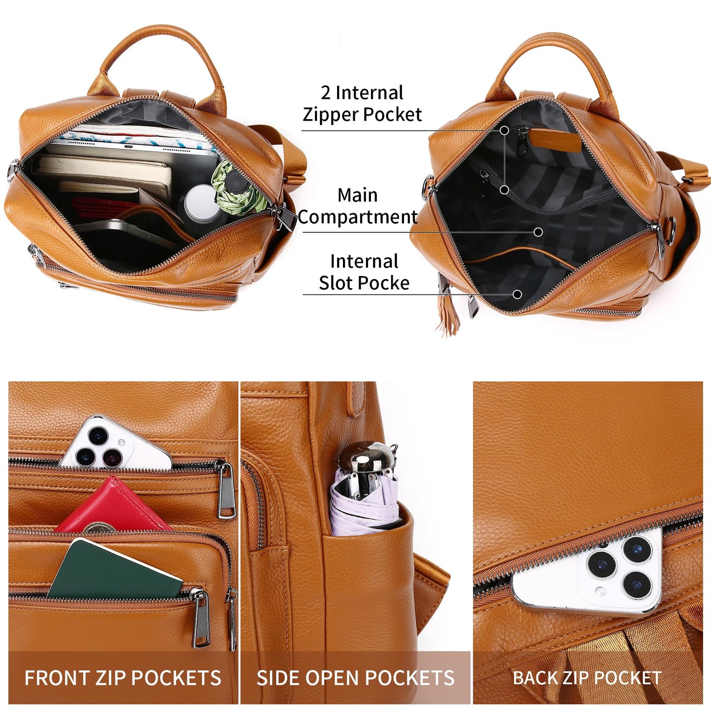 Wesccimo Genuine Leather Backpack Purse For Women Real Soft Leather Fashion Convertible Shoulder Bag Burnt Caramel/Orange