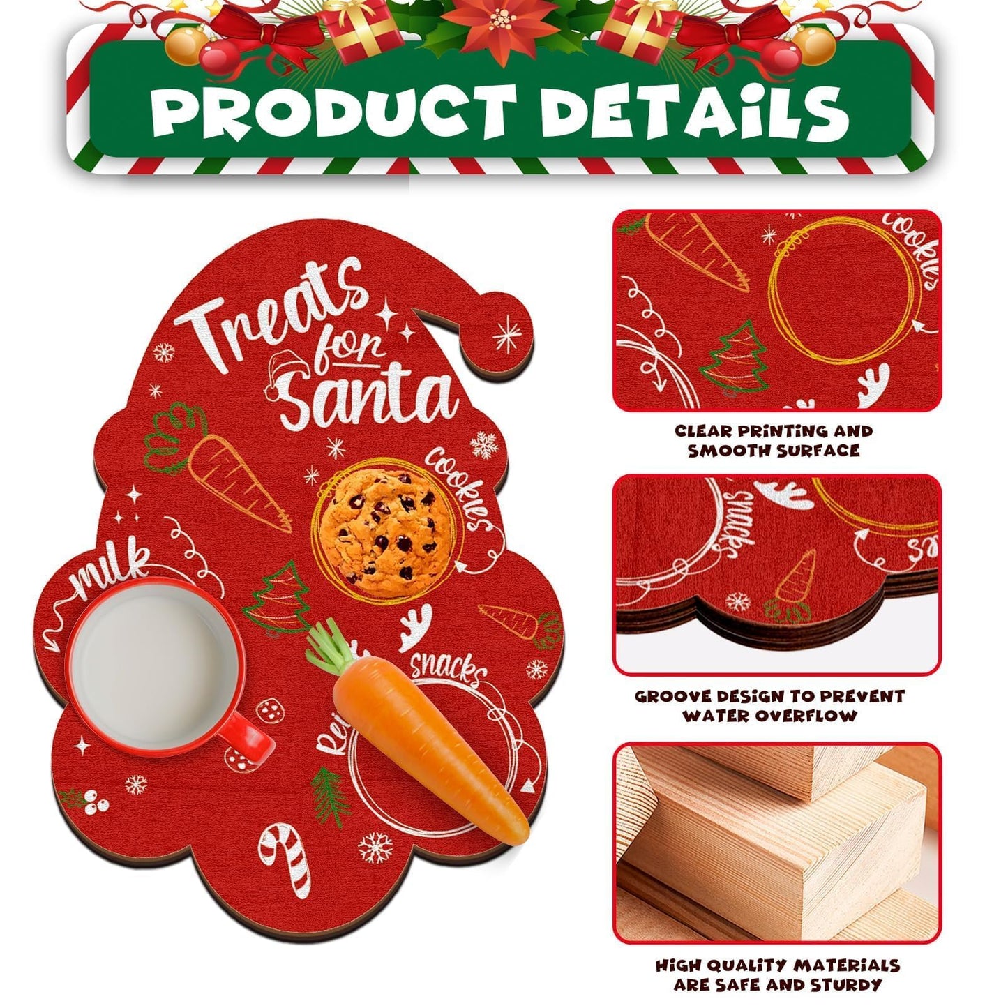 Santa Cookie Plate Christmas Wooden Treat Tray Platter Mat Xmas Eve Table Decorations Milk and Candy Board for Kids Christmas Party Supplies
