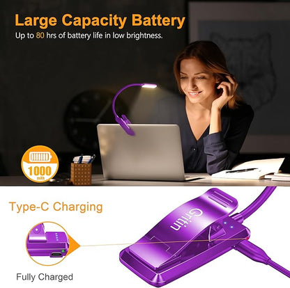 Gritin 9 LED Rechargeable Book Light for Reading in Bed - Eye Caring 3 Color Temperatures,Stepless Dimming Brightness,80 Hrs Runtime Small Lightweight Clip On Book Reading Light-Dark Purple