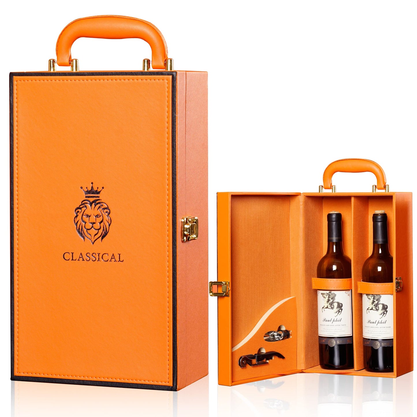 HiCrast Wine Box with 2 Bottle Leatherette Top Handle Premium Wine Carrier Case Orange
