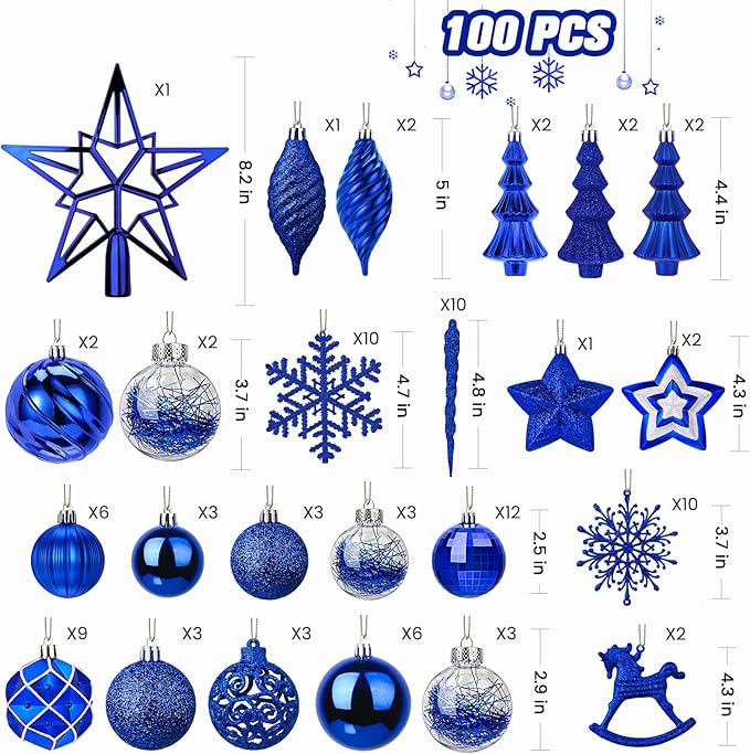 SHareconn 100pcs Christmas Tree Decorations Ornaments Set, Shatterproof Plastic Baubles Decorative Balls for Xmas Tree Decor Holiday Wedding Party, Blue