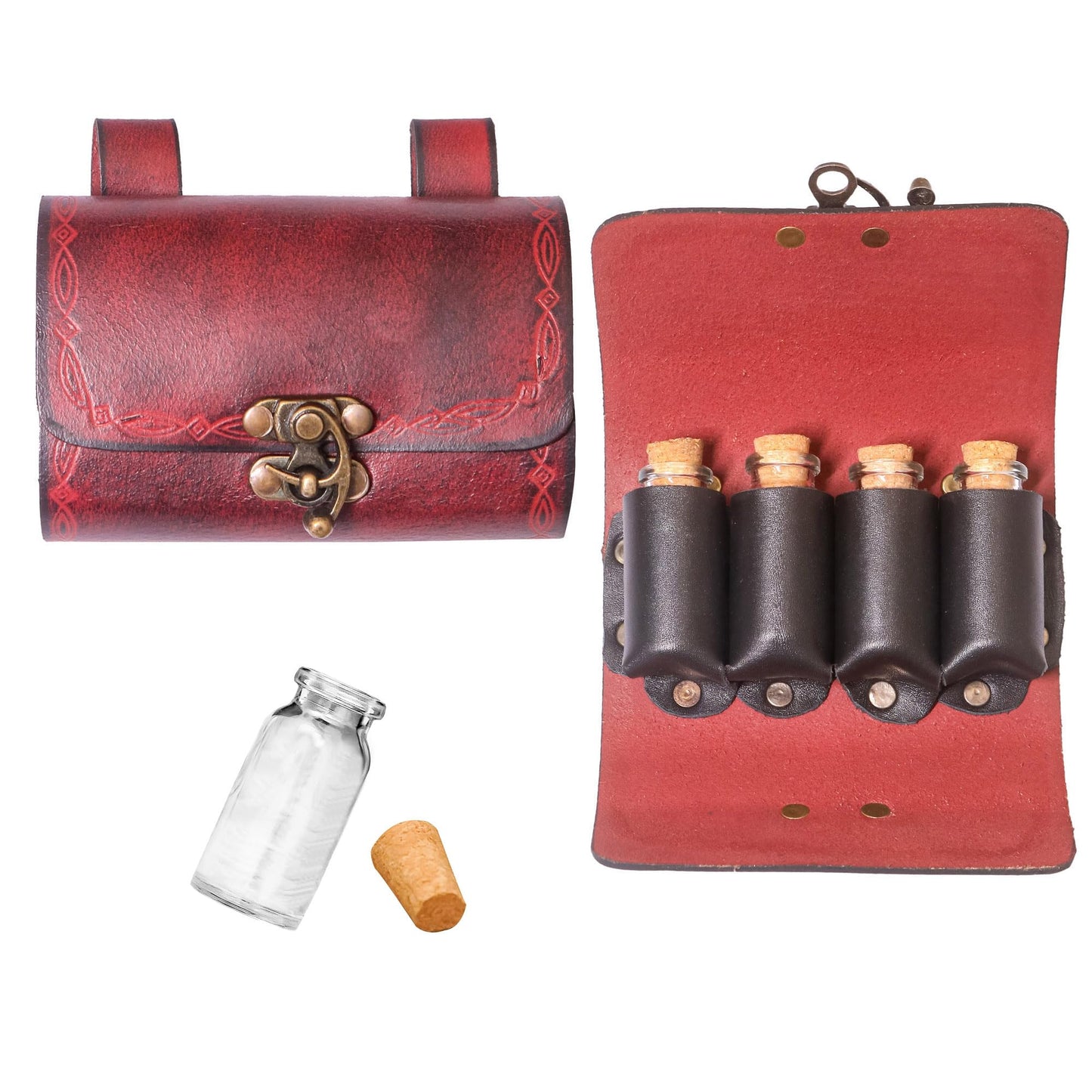 Lord of Battles Medieval Alchemy Buff Leather Belt Bag with 4 Mini Glass Bottles | The Elfic Potion Vintage Belt Waist Pouch Side Pack for Ren Faire, Cosplay (Maroon)
