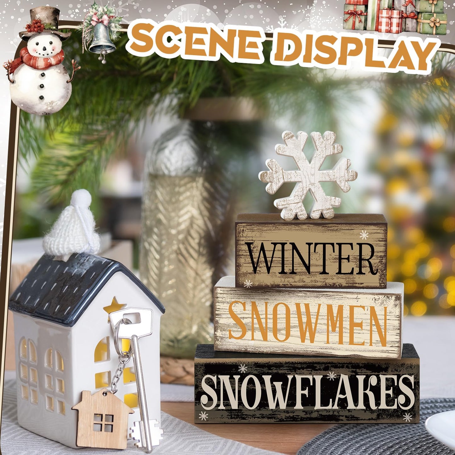 Moucuny 4 Pcs Winter Table Decorations Wooden Snowflake Decor Christmas Tiered Tray Decor Rustic Snow Block Signs Gift Farmhouse Christmas Centerpiece for Winter Wonderland Party Kitchen Shelf Home