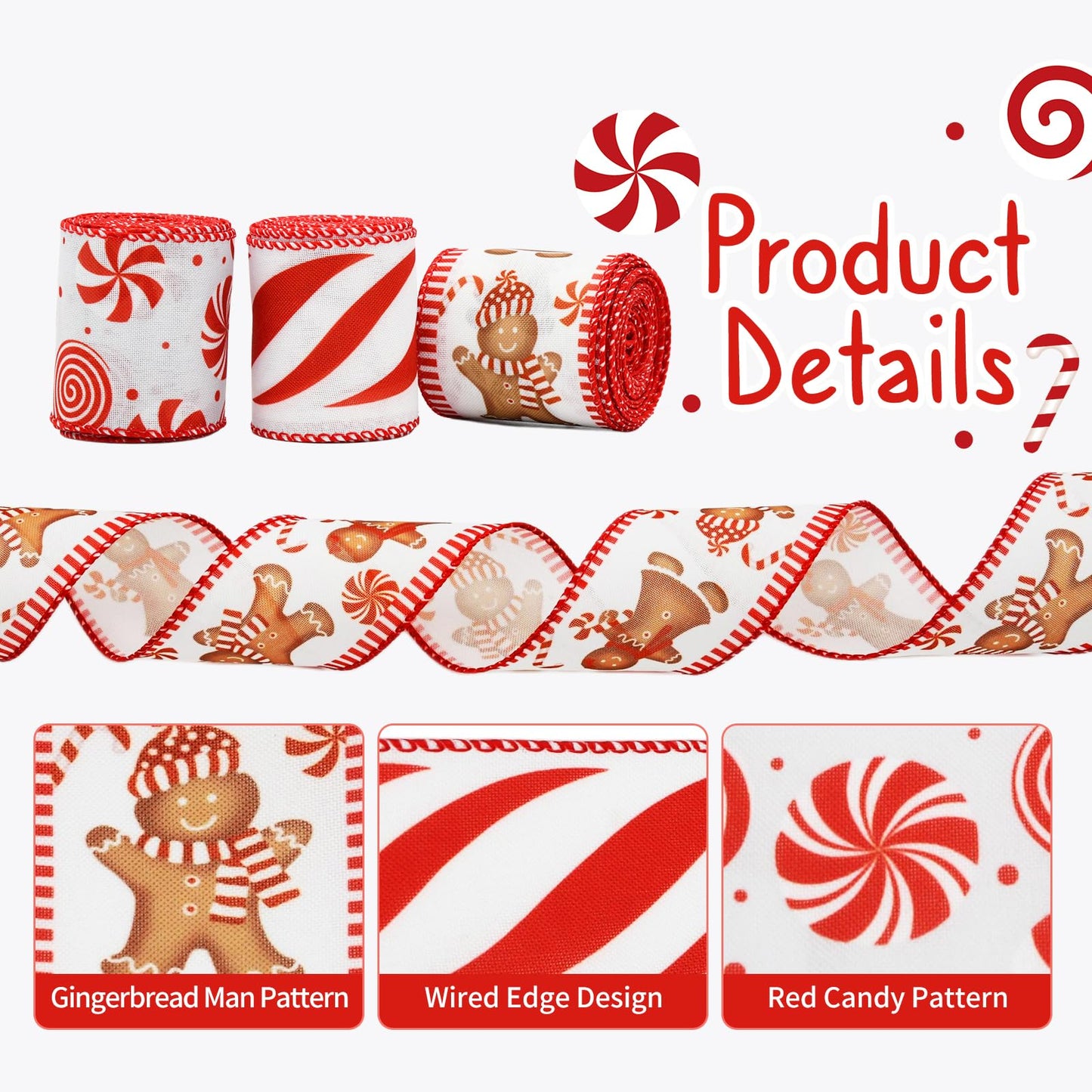 CRAFLOX Christmas Gingerbread Wired Ribbon for Wreath Bows, 3 Rolls, 2.5″ Wide, 15 Yards Total, Red Gingerbread Candy Wired Ribbon for Crafts Supplies, DIY Bows