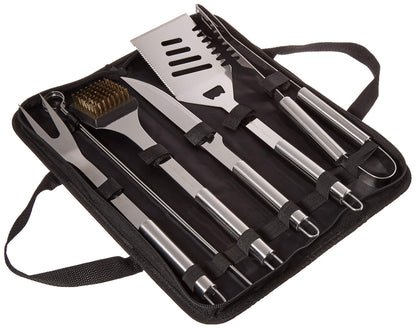 Home-Complete HC-1004 7 Grill Tool Kit-Stainless Steel BBQ Accessories Kitchen Set with Spatula, Tongs, Fork, Knife, Brush, Skewers, and Case, 8-Piece Travel, Silver