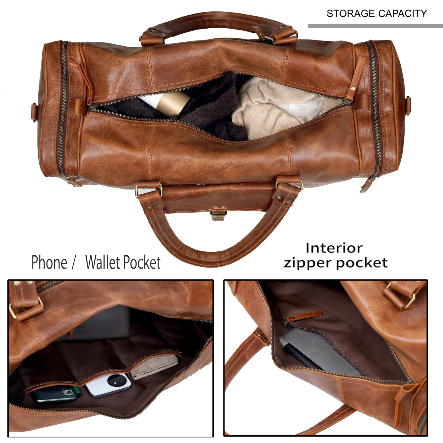 Leather Duffel Bag for Men & Women, Genuine Weekender Travel Bag, Handmade Overnight Gym Bag with Shoulder Strap, Carry-On for Business & Outdoor Travel (Asher Duffel, Light Brown, 24 Inch)