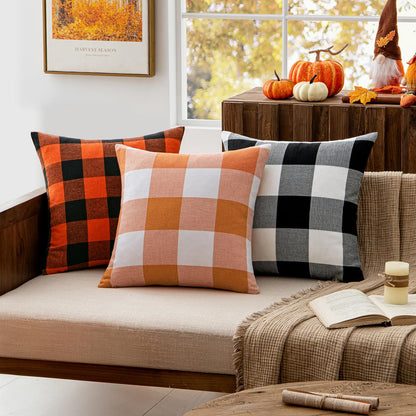 MIULEE Fall Throw Pillow Covers Halloween Decorations Pack of 2 Buffalo Check Farmhouse Plaids Polyester Linen Outdoor Cushion Case for Sofa Couch Orange and Black 18 x 18 Inch 45 x 45 Cm
