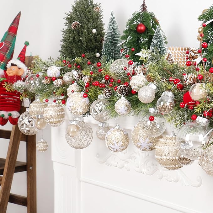 Super Holiday Christmas Ball Ornaments, 33PCS Champagne Clear Shatterproof Plastic Foam Ornaments Set for Hanging Xmas Tree Holiday Thanksgiving Party Decor.
