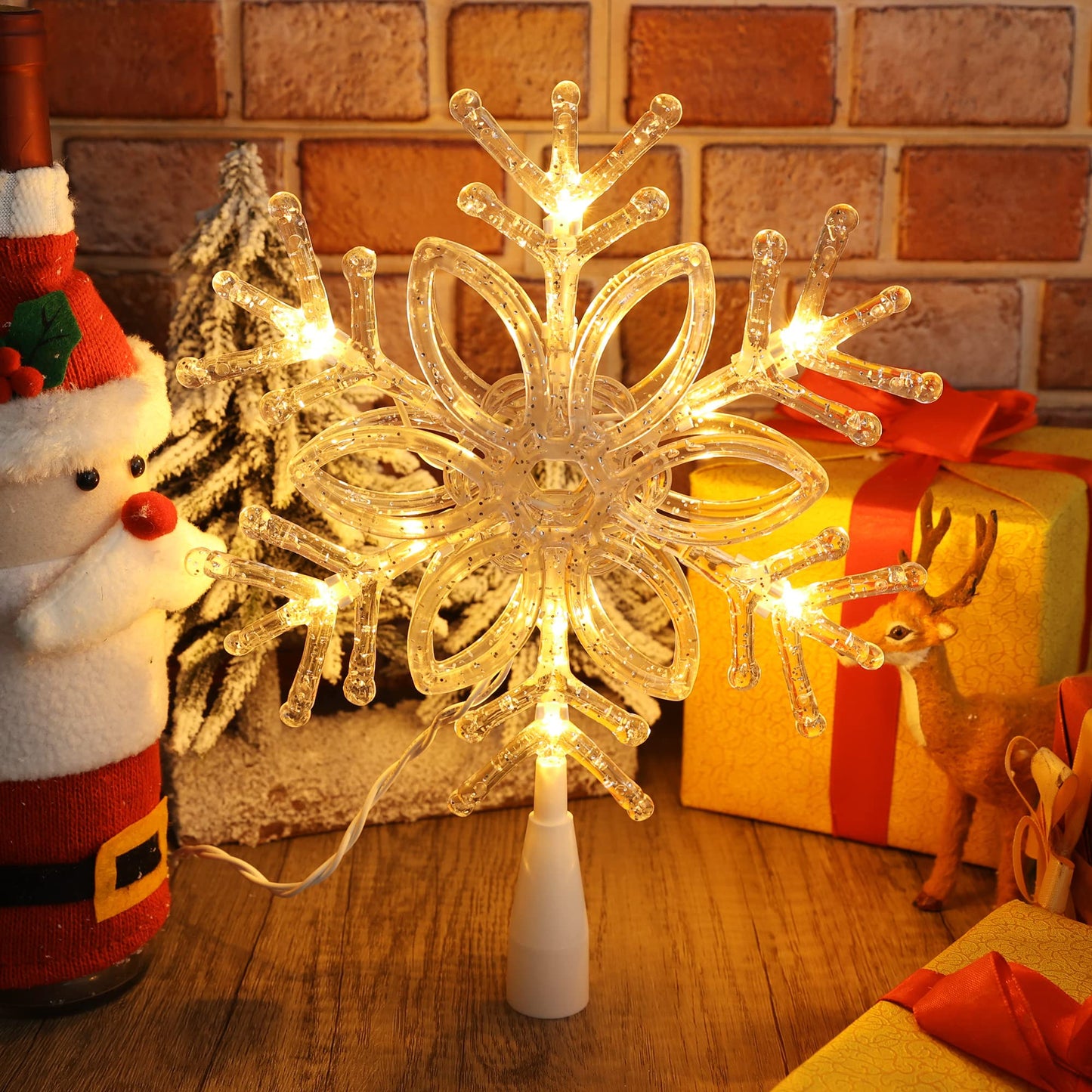 Brizled Snowflake Christmas Tree Topper, 9.5" Christmas Tree Star with 10 Warm White Lights, 120V UL Certified Xmas Star Treetop Clear Xmas Ornaments for Holiday Party Home Decor