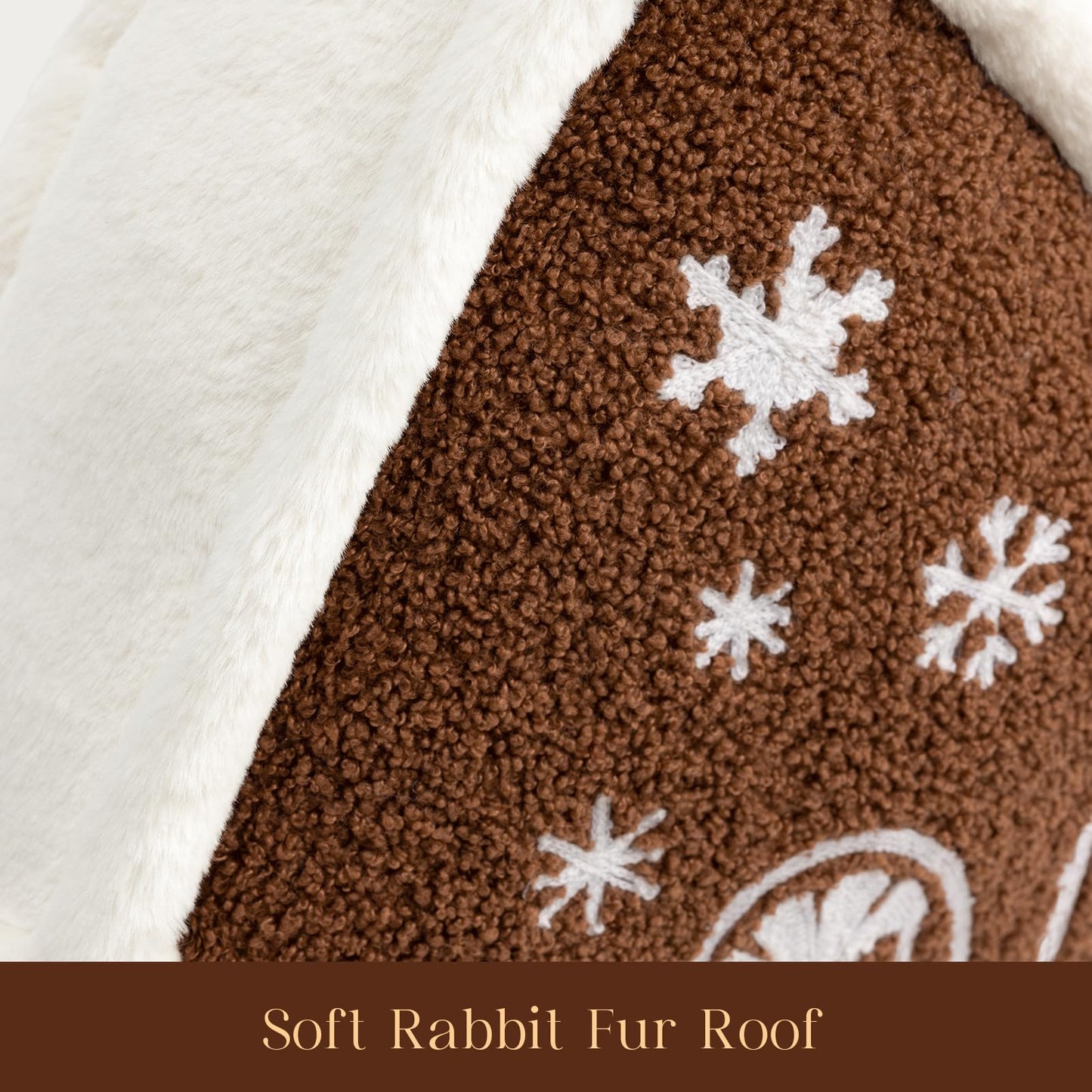 Phantoscope Gingerbread House Merry Christmas Throw Pillow, Plush Faux Rabbit Fur Roof Embroidered Teddy Gingerbread House Shaped Pillows Xmas Decorative Cushion Pillows, Coffee, 12 x 13 inches