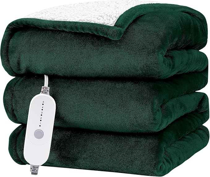 HYLEORY Heated Electric Blanket Twin 62"x84" Soft Fleece & Flannel with 5 Heating Levels & 10 Hours Timer Auto Shutt Off, ETL Certified, Washable，Heated Blanket for Body-Dark Green