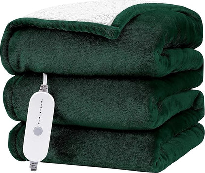 HYLEORY Heated Electric Blanket Throw 50"x60" Soft Fleece & Flannel with 5 Heating Levels & 3 Hours Timer Auto Shutt Off, ETL Certified, Washable，Heated Blanket for Body-Dark Green