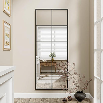 Full Length Mirror, 65"x24" Window Pane Mirror for Wall Decor, Black Full Body or Wall Mounted Mirrors, Farmhouse Standing Mirrors Hanging or Leaning for Living Room, Entryway, No Stand