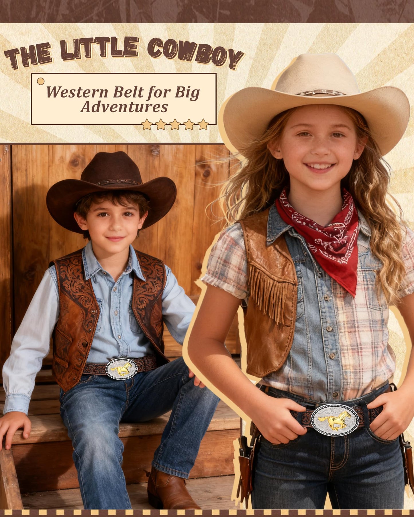 AWAYTR Kids Western Belt with Detachable Buckle - PU Leather, 3 Sizes (23"-34.5"), Adjustable for Daily Wear & Halloween (Horse Buckle-Dark Brown, Fit Waist: 30.5"-35")