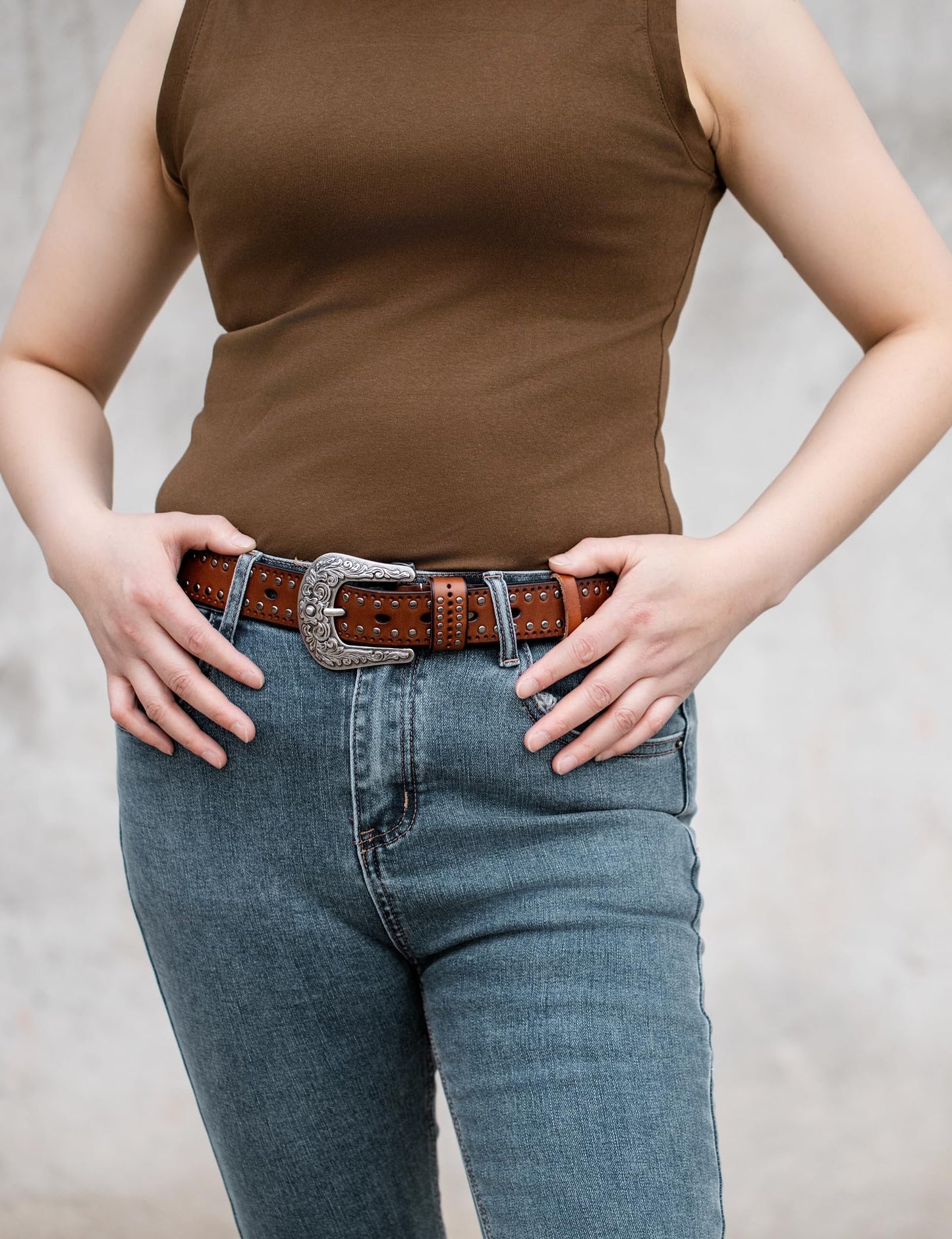Womens Western Leather Belts 35mm Studded Belt with Vintage Silver Buckle