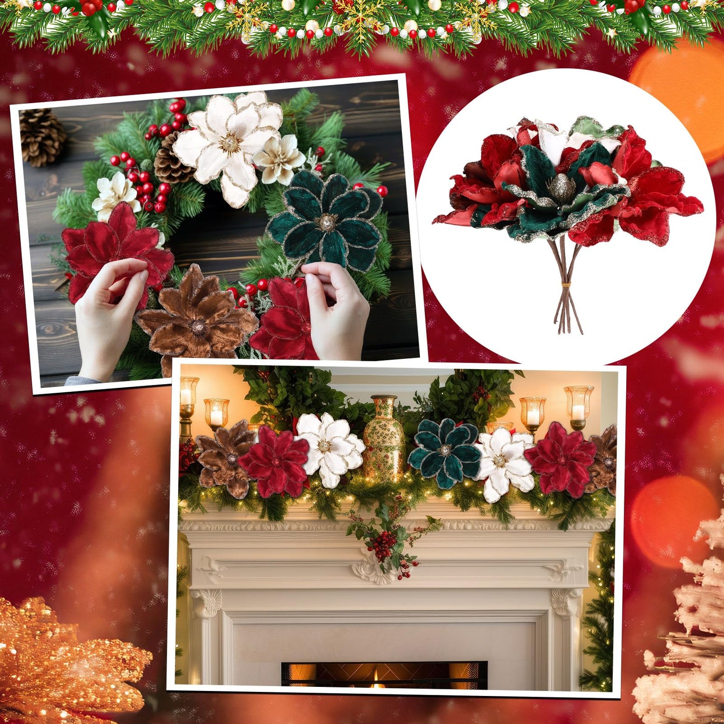 Suncalla 24 Pcs Christmas Velvet Magnolia Flowers Large Artificial Poinsettia Flower Picks 8'' Christmas Glitter Magnolia Floral Picks Stems for Xmas Tree Party (Burgundy Brown Green Cream White)