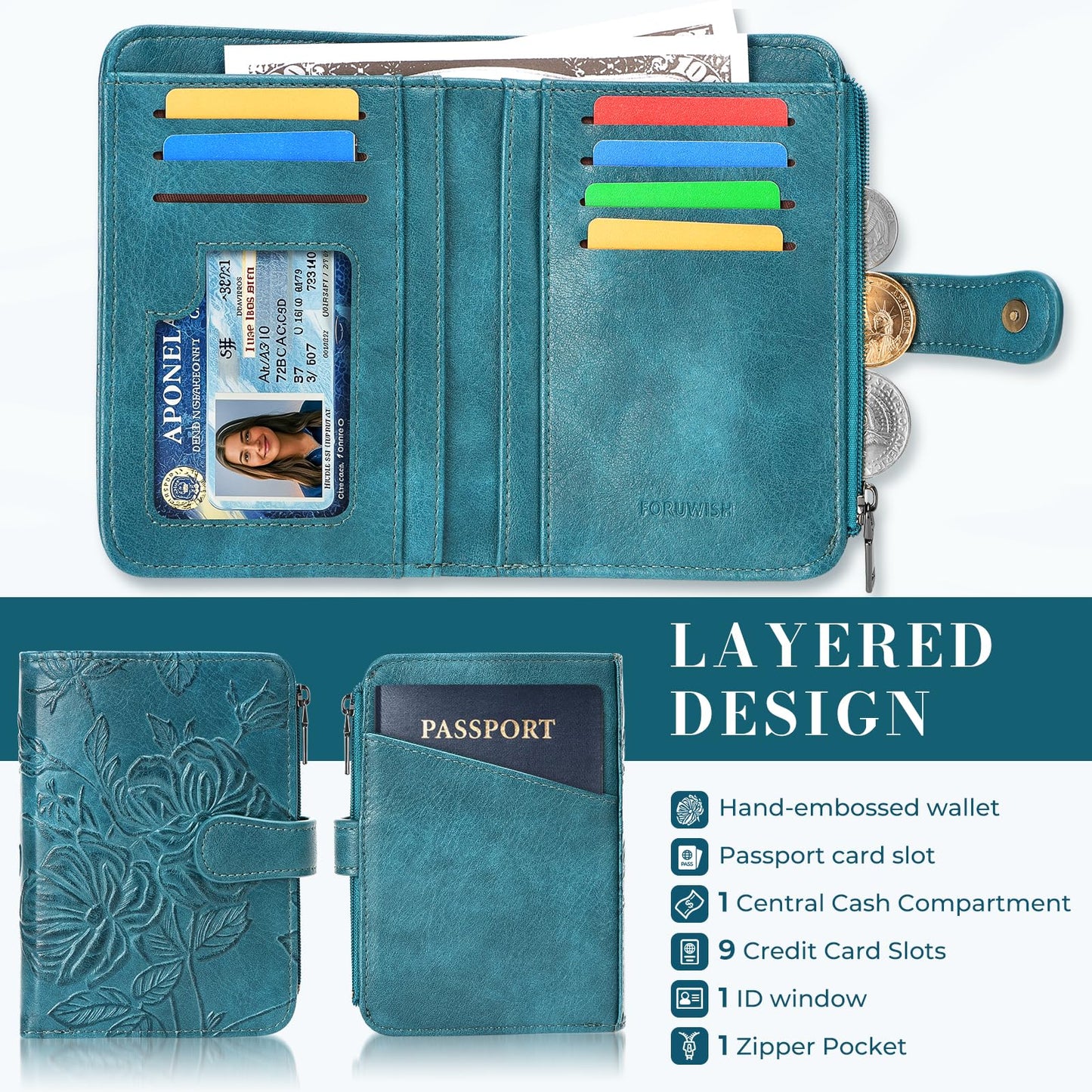 FORUWISH Small Wallet Women RFID Embossed Vegan Leather Credit Card Holder Wallet for Women Bifold with Zipper Coin ID Window Pocket