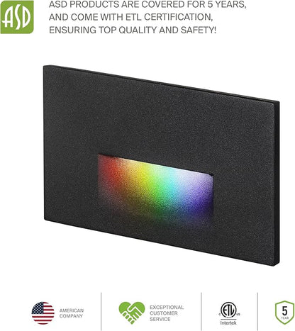 ASD LED Recessed Step Light Fixture, Outdoor & Indoor Tread Lighting | RGBW, Smart, Waterproof, ETL Listed | 3W 60LM RGB-2700K-6500K 120V | Staircase Hardwired Illumination | Black, 24 Pack