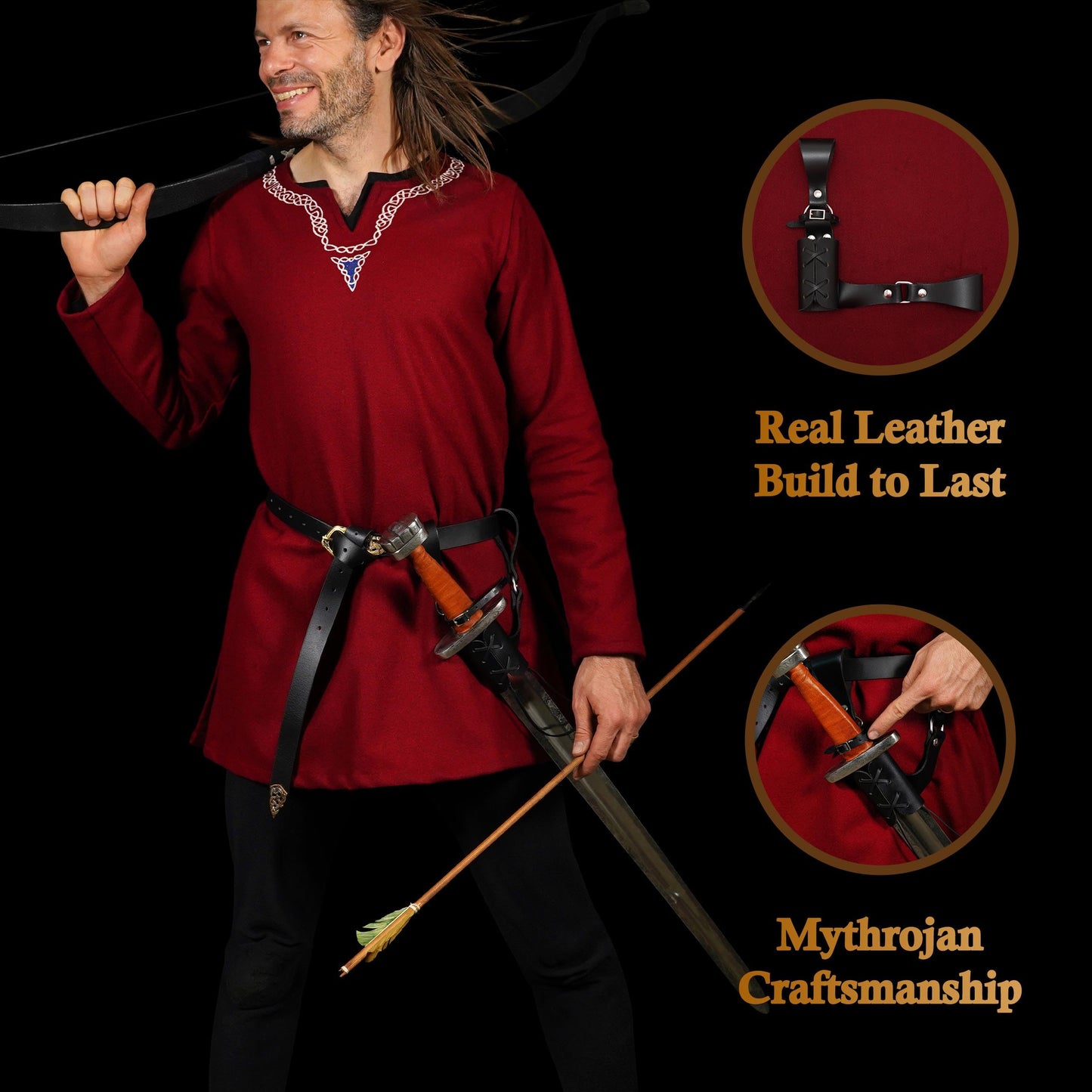 Mythrojan Medieval Sword Frog Adventurer with Leather Holder for Universal Rapier, Broadsword, Cutlass, Belt Mount Scabbard Hanger for LARP, Reenactment & Costume, Black - 8" x 8"