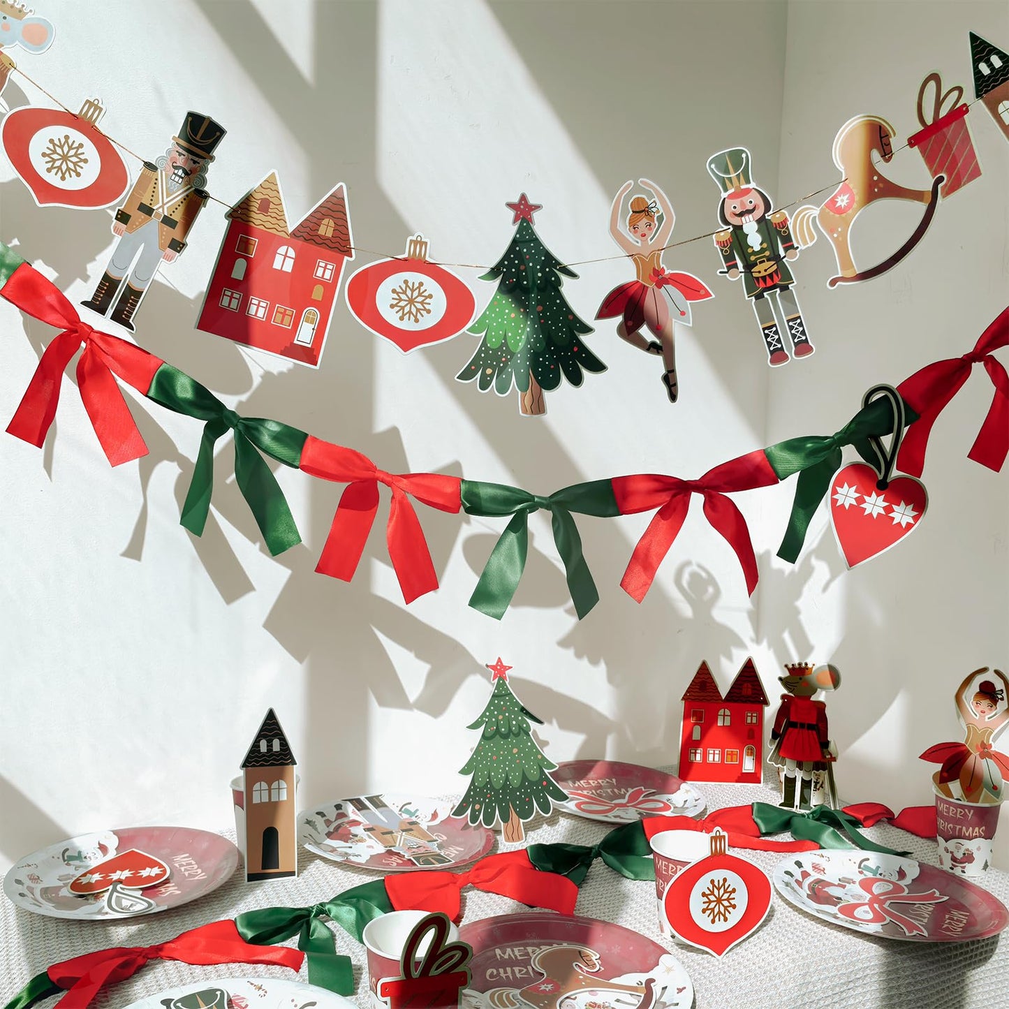 Eanjia Nutcracker Ballet Christmas Banner | Pack of 2|6ft Pre-Strung Satin Bow Garland Red & Green | 8ft DIY Paper Garland Mouse King,Tree, Bell,Castle Cutouts,for Xmas Hanging Sign Décor (Christmas)