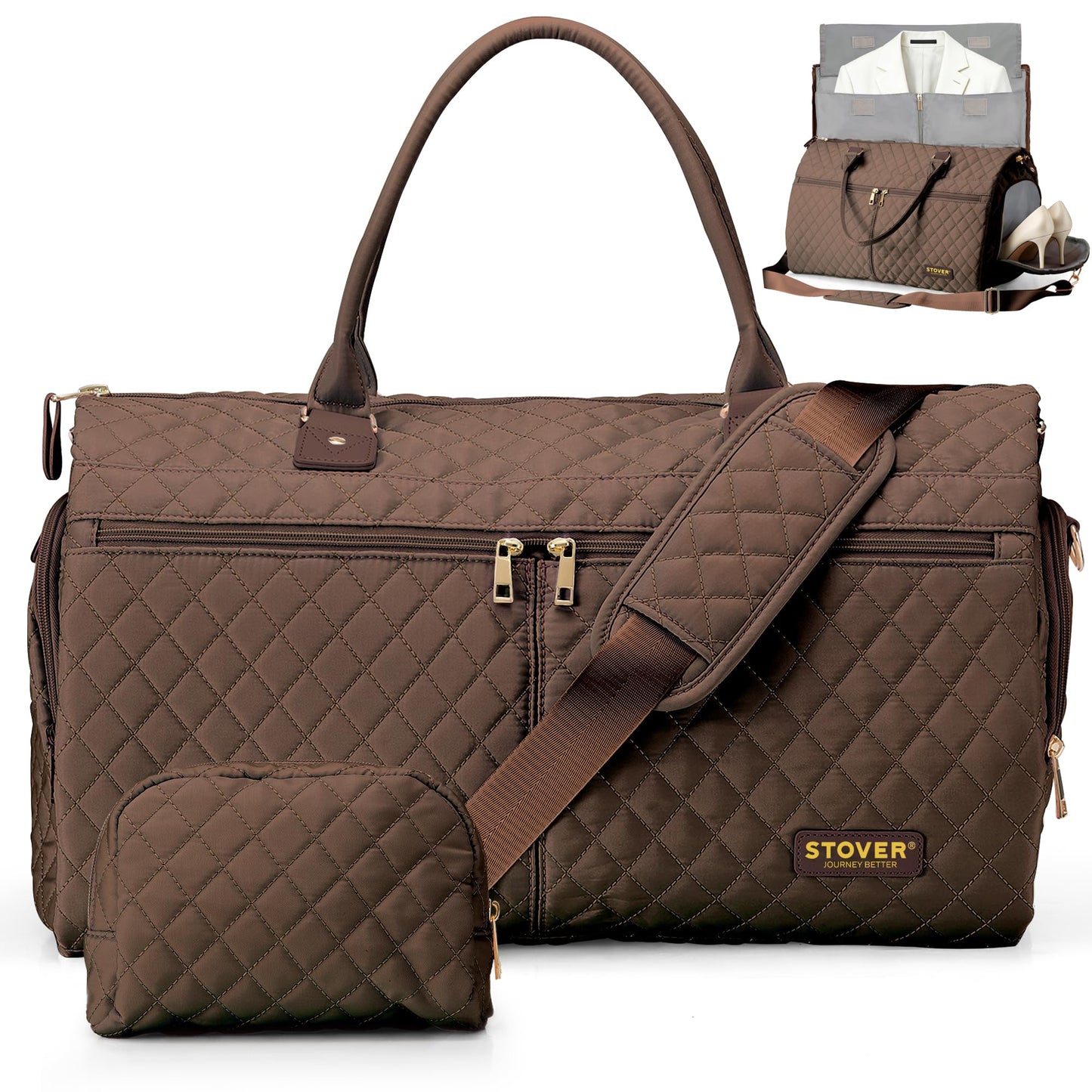 STOVER Women’s Convertible Garment Duffel Bag for Travel – 2-in-1 Carry-On Weekender/Overnight Tote - Wrinkle-Free Dresses, Suits & Clothes + Shoe Compartment & Bonus Toiletry Bag (Mocha Brown)