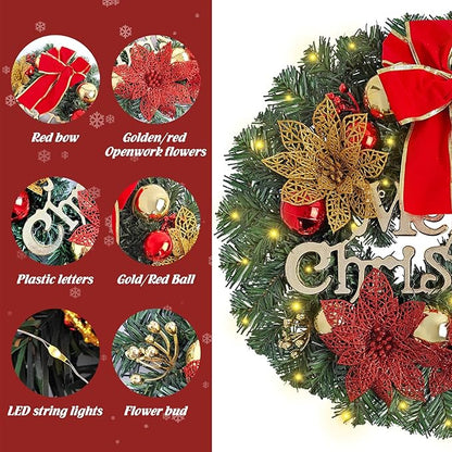 FR Artificial Pre-Lit Fir Christmas Wreath Holiday Accent Decoration, Wintry Pine, Decorated with Pine Cones Berry Clusters, with LED Lights Battery Operated for Door, Mantel - 20 Inch