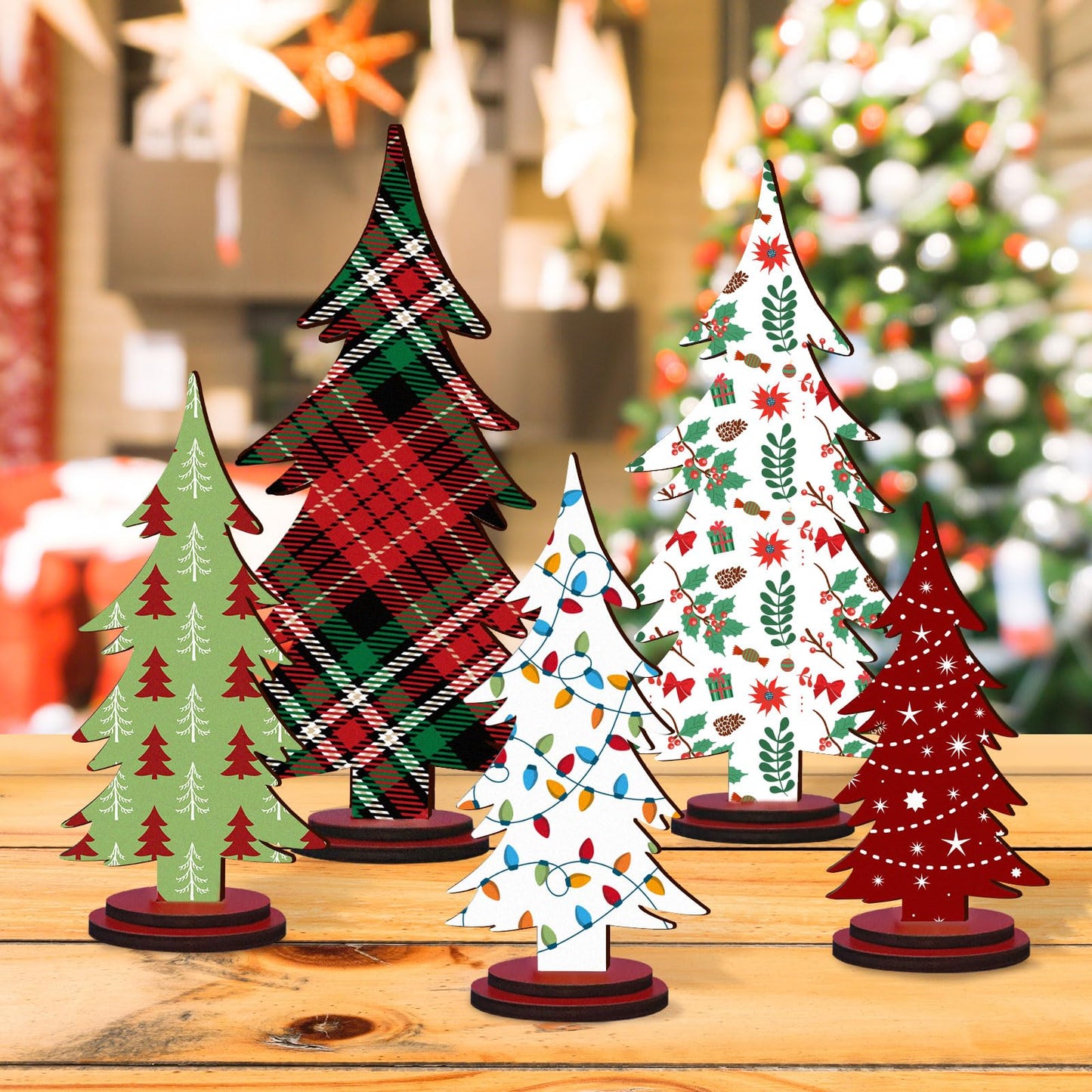 Pigort Christmas Decorations – Rustic Wooden Christmas Tree Table Decor, Freestanding Xmas Centerpiece for Home & Shelf, Winter Tiered Tray Decorative (5)