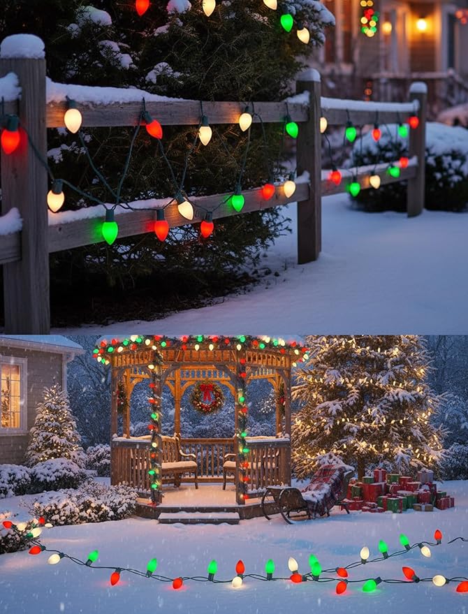 25FT Red Green White Christmas Lights,Vintage C9 LED Christmas Light with 26 Shatterproof Plastic Bulbs,Connectable Multicolor Outdoor Lights for Christmas Tree, Gardens,Party Holiday