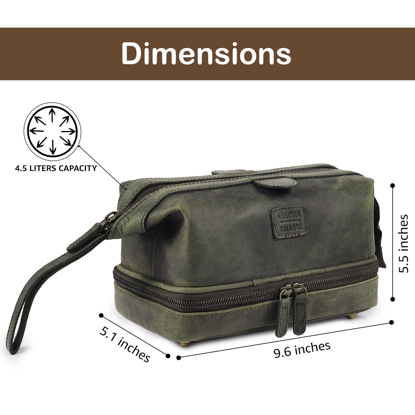 LEATHER VILLAGE Genuine Leather Dopp Kit – Large Travel Toiletry Bag with Waterproof Lining, Dual-Zip Design for Men & Women, Organizer for Shaving, Makeup & Essentials - Olive