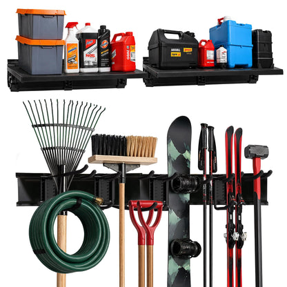 TIDYME Garage Tool Organizer Wall Mount | 48-Inch Garage Wall Organizer & Folding Chair Rack | Heavy-Duty Tool Hanger System | 9-Piece Kit with 3 Steel Rails & 6 Adjustable Hooks | 300 lbs Capacity