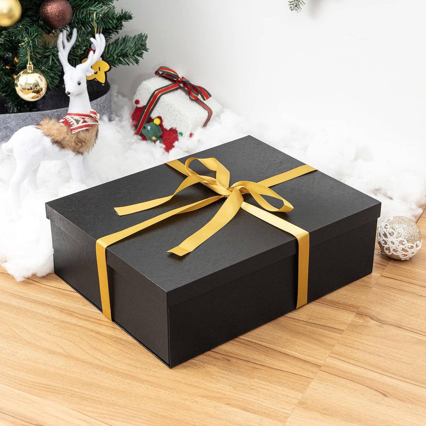 Mefleet 17x13x5 Inches Large Gift Box with Lid for Presents 1 Pack Big Deep Black Gift Boxes for Christmas, Birthday, Valentine's Day,Mother's Day Presents - Contains Crinkle Paper,Ribbon and Card