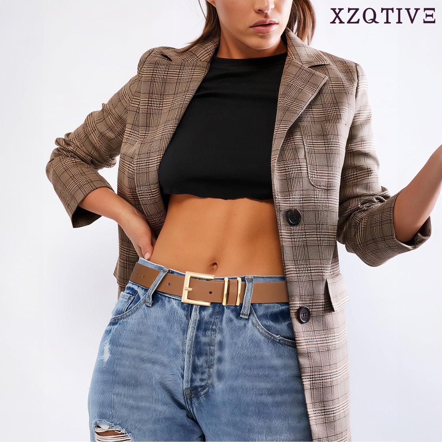 XZQTIVE Women Leather Belt with Gold Square Buckle,Stylish & Durable Waist Belt for Jeans,Pants & Dresses,Adjustable Fit,Classic Fashion Accessory