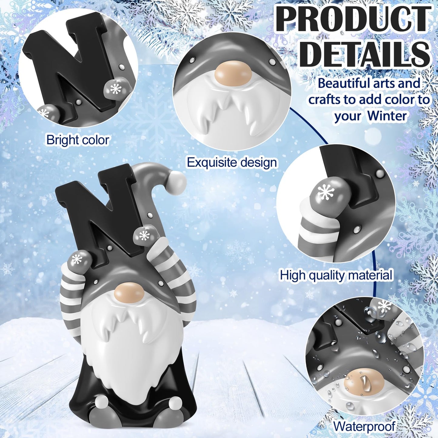 ShinyRelief 4 Pcs Winter Figurines Resin Gnome Tabletop Snowflake Antlers Sculpture Decoration Winter Black White Centerpiece for Home Dining Room Party Supplies Gifts Decor