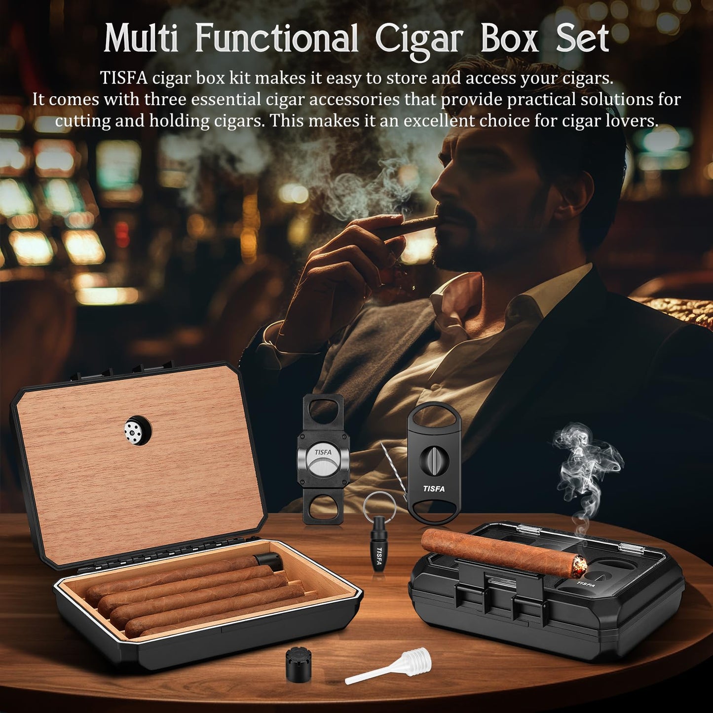 TISFA Cigar Humidor Set Travel Humidor Includes 2 Multifunctional Cutters, Hole Punch, Humidifier, Hygrometer, Portable Cedar Wood Lined Cigar Box Holder Case Gifts for Men (Black)