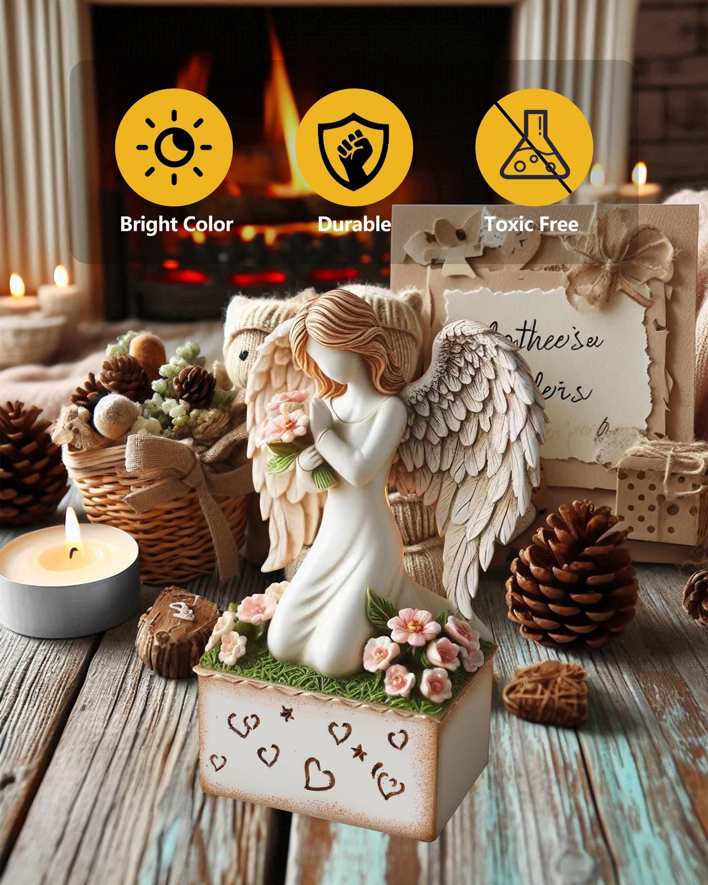 GoGnome Angelic Embrace - Resin Angel Figurine with Bouquet and Heart Accents Decorative Base - A Gift to Express Unwavering Love, Remembrance, Sympathy, Comfort Healing for Women Girls (Angel)
