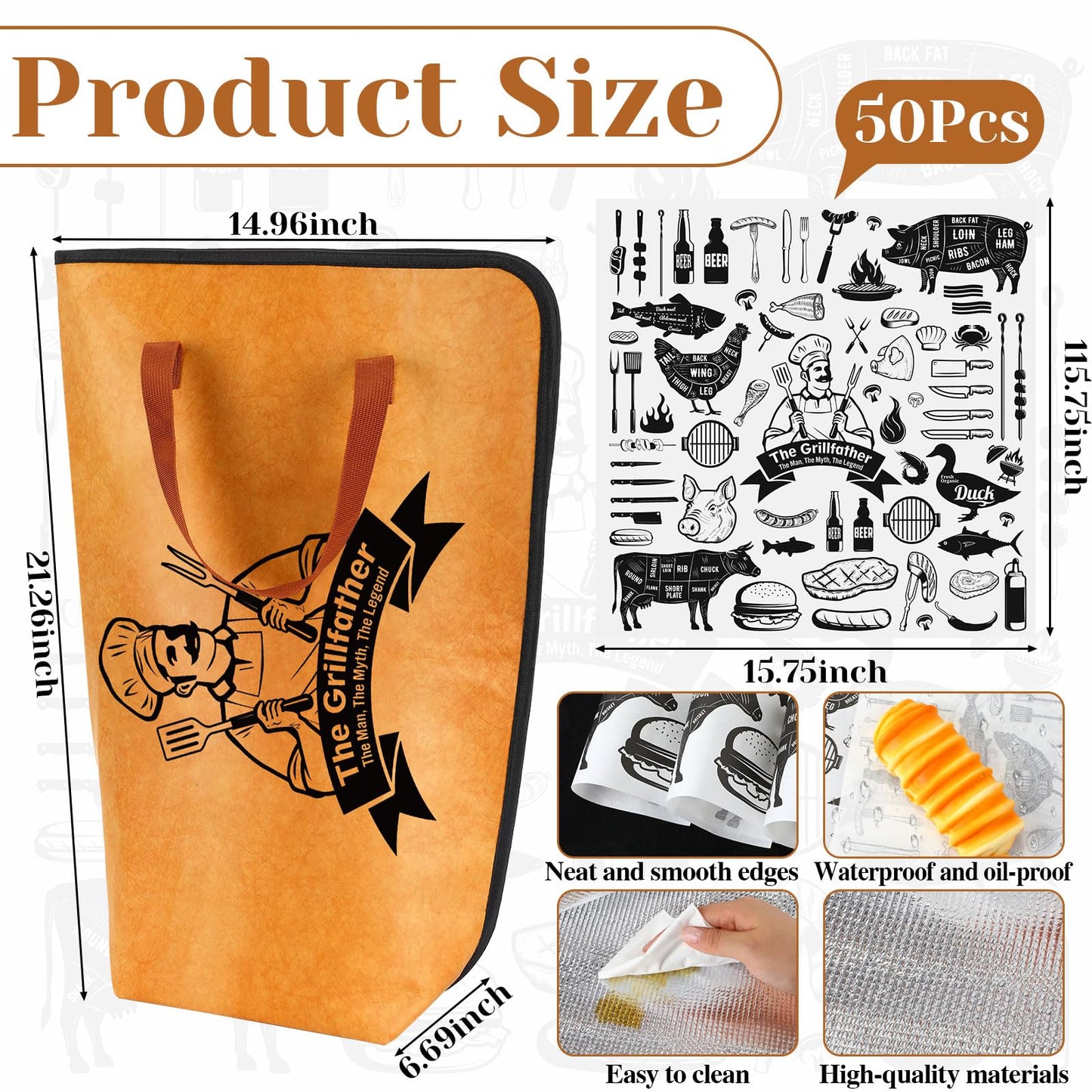 Frienda 21" BBQ Meat Resting Bag with 50 Sheets Butcher Paper, Insulated BBQ Blanket for Brisket, Leakproof Thermal Cooler Bag, Father's Day Smoker Accessories Grilling Gift for Men Dad(Yellow)
