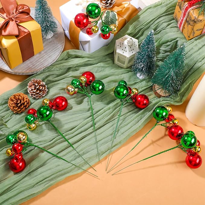 8 Pcs Christmas Ball Tree Picks 7.87 Inch Red Green Gold Christmas Ornaments Picks Xmas Tree Toppers Decorations for Xmas Floral Vase Fillers Wreath Stairs Garland Decoration Supplies