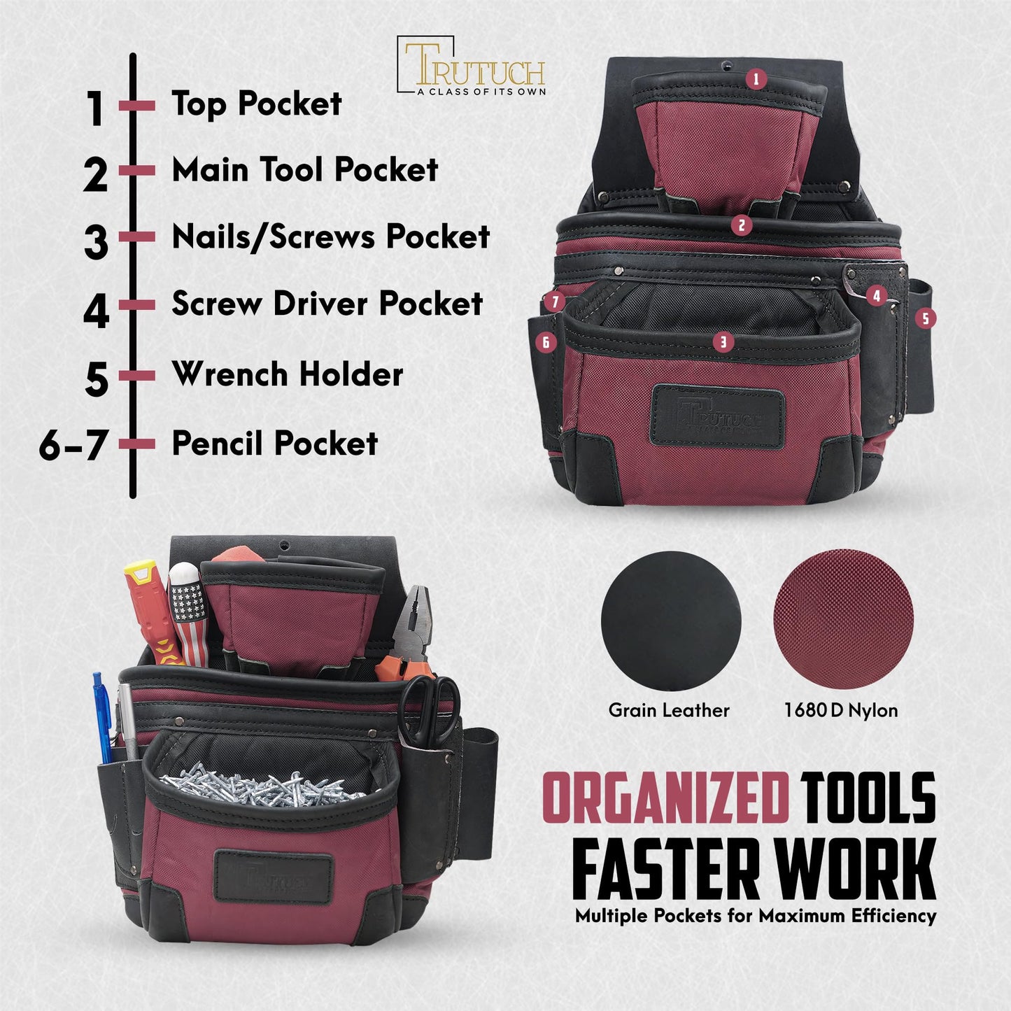 TRUTUCH Nylon and Leather Tool Belt | Framing Tool Bags | Nylon Tool Pouch | Carpenter Tool Belts | Construction | Framers | Electrician Tool Belt (Maroon 1650)