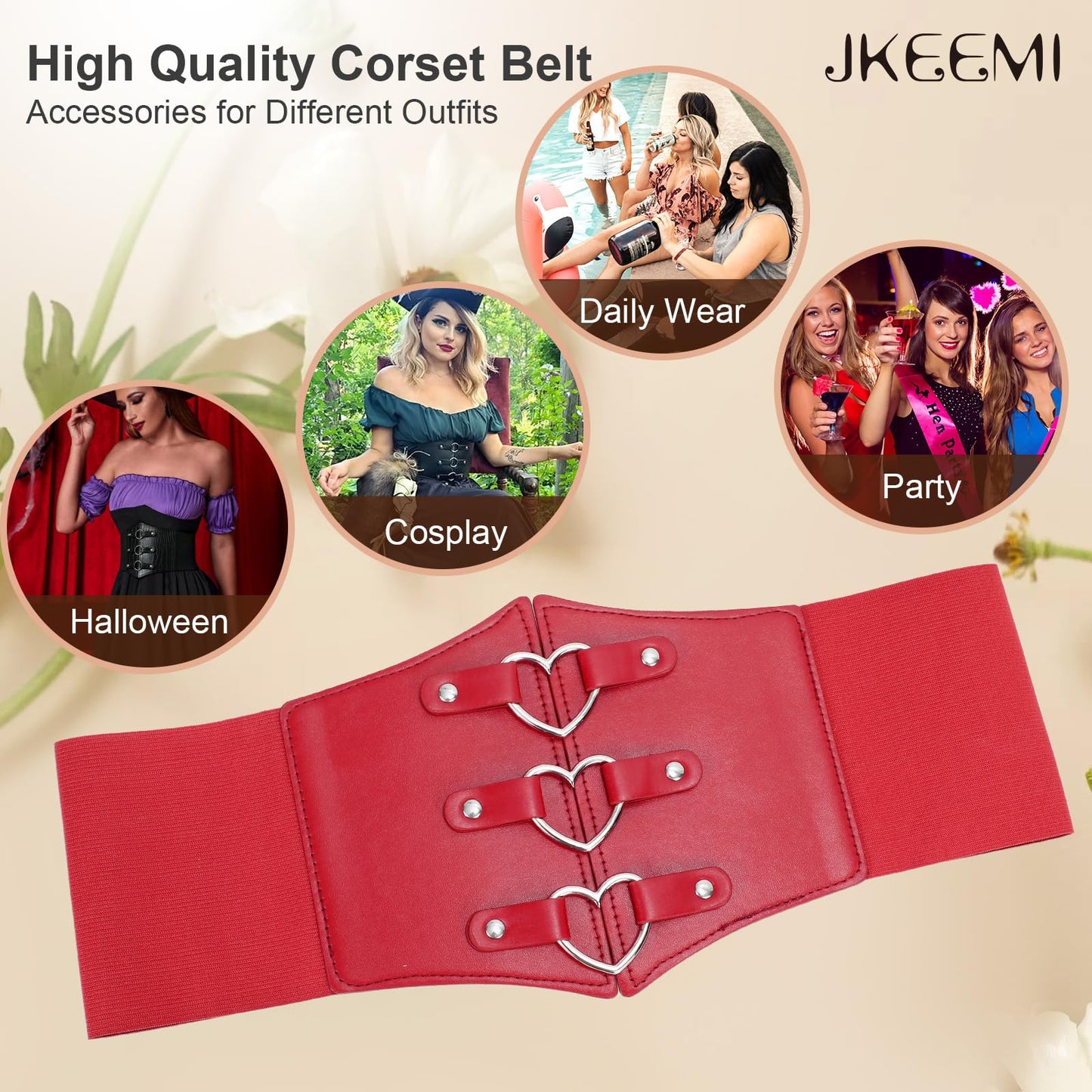 JKEEMI Women Corset Belt Metal O-Ring Heart-Ring Wide Elastic Waspie Waist Belt for Daily Cosplay Halloween Costumes
